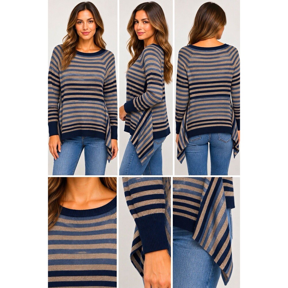 Fifth & Madison Women’s Striped Knit Crewneck Pullover Sweater M Blue Beige